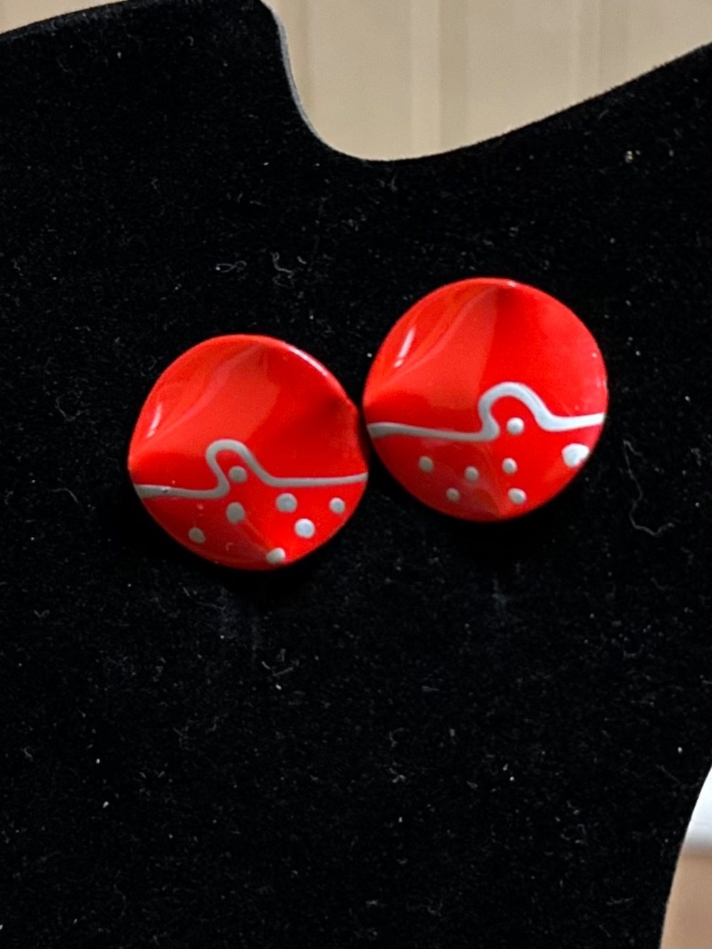 Vintage Red Enamel Abstract Silver Design Stud Earrings